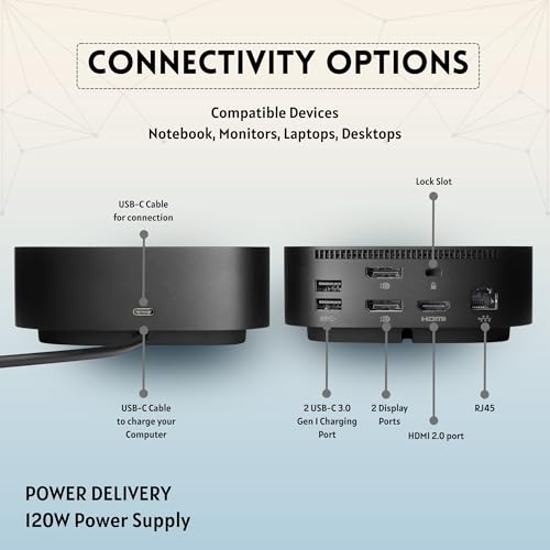 Image of HP 5TW10AA 120W Docking Station for Laptop Dual Monitor USB-C G5 Dock with HDMI, DisplayPort, USB-C Cables (NEW)