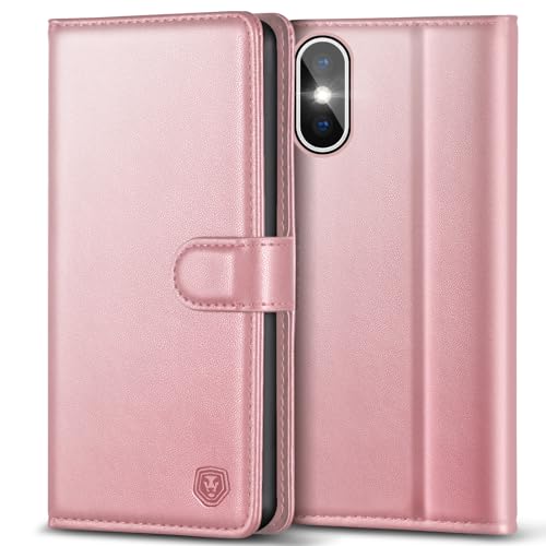 Kuafcase Compatible for iPhone X/XS Case with 4 Card Slots Magnetic Closure Kickstand Shockproof Protective Phone Case Compatible for iPhone X/XS - Rose Gold