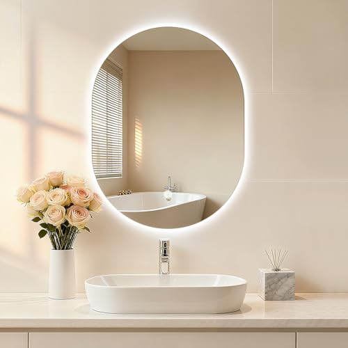 Srtvietae Bathroom Mirror with LED Lights 400×600mm Electric Vanity Mirror with Backlit Lights Oval Wall Mounted Dimmable 3 Color Lighting IP54 Vertically Only