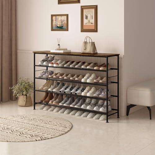 Image of SUOERNUO Shoe Rack 5 Tier Shoe Storage Organizer Metal Mesh Shelves with MDF Top Board for Entryway, Hallway, Closet,Bedroom,Living Room (Black+Rustic Brown, Large 5 Tier)