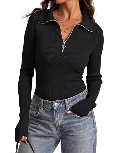 Prettywear Women's Quarter Zip Pullover Sweaters 2024 Long Sleeve Collared Slim Fit Ribbed Knit Business Casual Fall Top