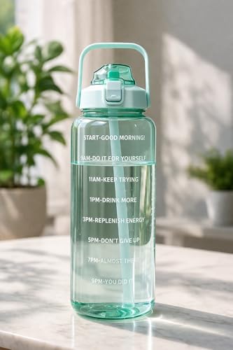 Image of Motivational Water Bottle 2 Litre with Time Marker | Leak Proof BPA Free Gym Bottle | Sports Drinking Bottle with Straw & Handle for Office, Gym, School (green & blue)