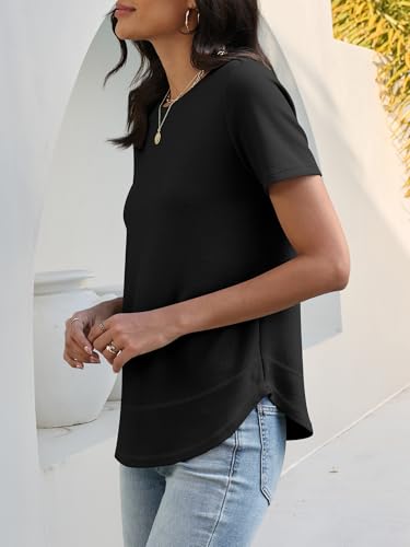 Image of ANRABESS Womens Waffle Knit Tops Short Sleeve Crewneck Shirts Curved Hem Summer Dressy Casual Blouses Spring Fashion Clothing