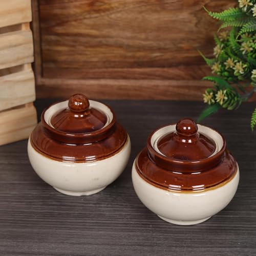 Image of QIMACPLUS Handcrafted Ceramic Pickle Jar Set with Lids - Achar Barni | Achar Ki Barni | Containers for Pickle, Spices, Chutney, and Sauces Storage (Pack of 2-250ml)