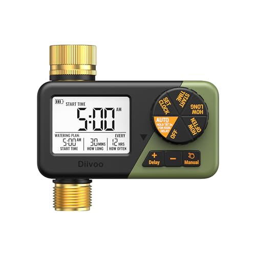 Diivoo Water Sprinkler Timer with Brass Inlet & Outlet, Irrigation Hose Timer with Weekly and Daily Frequency Irrigation, Rain Delay and Manual Watering for Lawns and Gardens