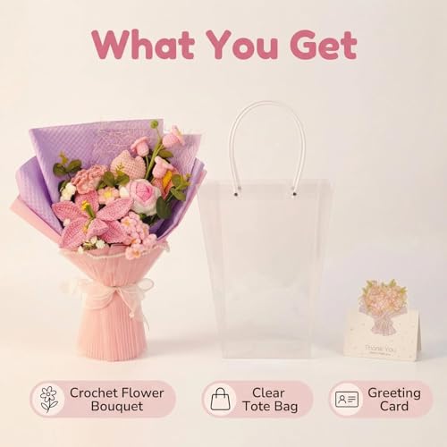 Glazeal Handmade Crochet Flower Bouquet, Artificial Crocheted Flower for Mom Grandma Girlfriend Teahcers with Flower Bag and Card — view 3