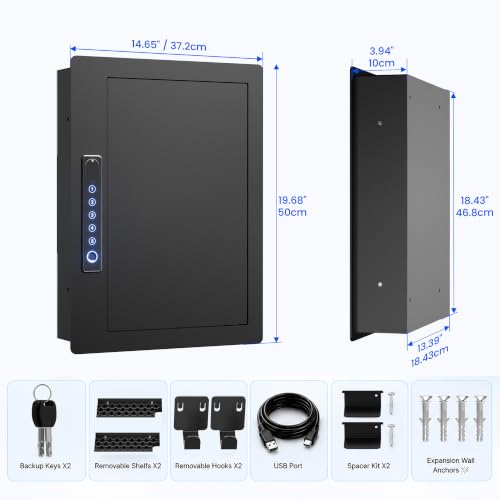 Image of Grimtron Biometric Wall Safe Between 16 inch Studs with Shelves & Hooks, Black
