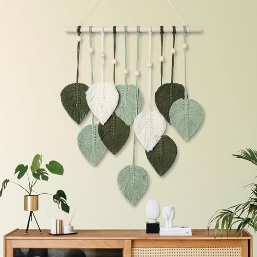 MIPON Macrame Wall Hanging Leaves Decor,Boho Handmade Woven Leaf Tassels