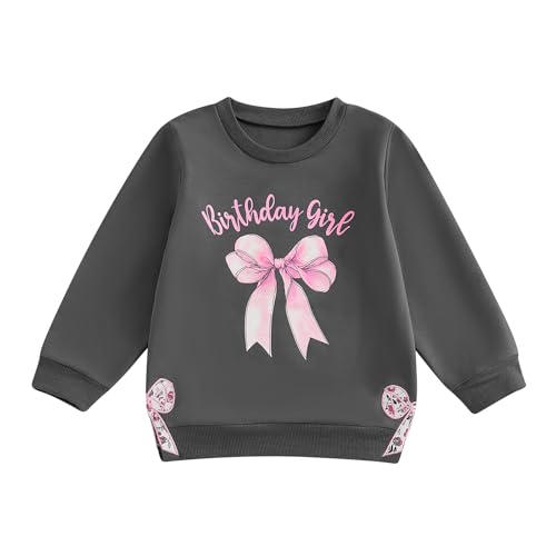MAHUAOYIXI Baby Girls Birthday Outfits Sweatshirts for Kids Girls T Shirt Long Sleeve Crewneck Letter Bow Print Tops Toddler Clothes Birthday Gift for Girls (Dark Grey, 18-24 Months)