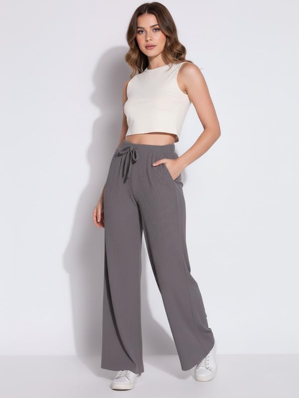 Image of DTR FASHION Women's Solid Lining Stretchable Cotton Blend Casual Wide Leg Trouser