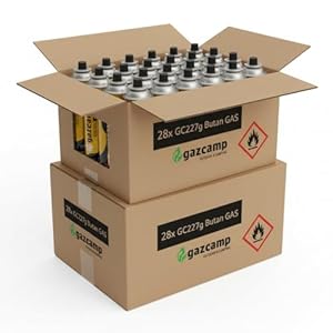 Gazcamp GC227 Gaskartusche, Gaskartuschen, Butan, MSF-1a Bajonett Ventil, 227g, Gaskocher, Campingkocher, Unkrautbrenner, Universaldruckgasdose, Camping, BBQ, Heimwerken, DIY (28 Kartuschen)