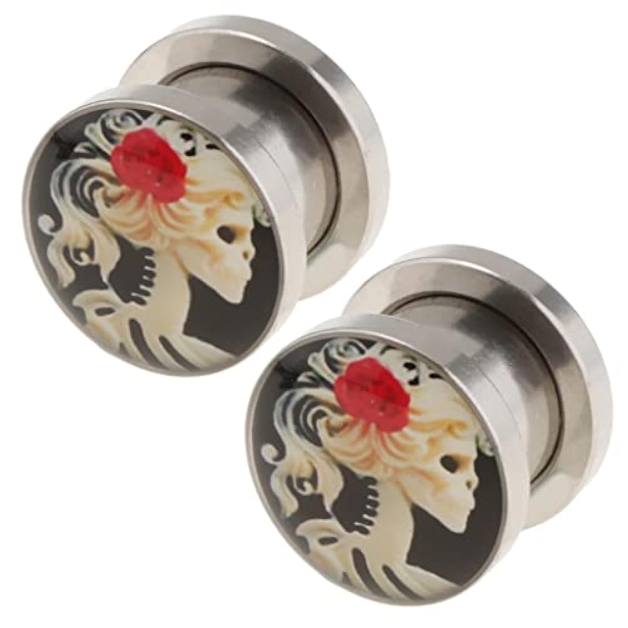 2 Pcs Gothic Red Rose Skull Ear Plugs, Body Piercing