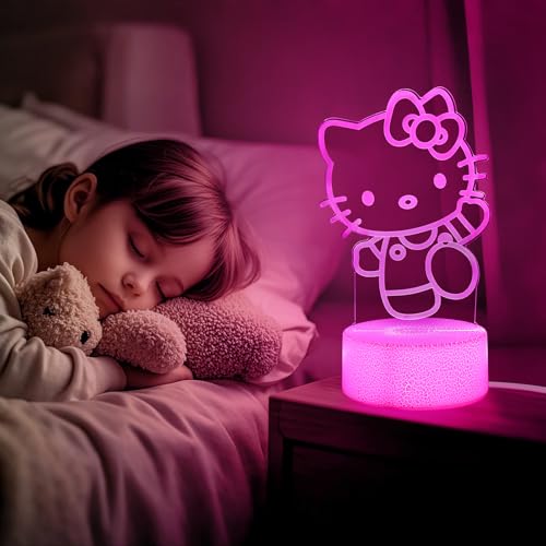 Image of sunduck Pink Kawaii Kitty 3D Night Light with Corded Control- Dreamy Girls Room Decor, Perfect Birthday /Christmas Gift for Kids, Unique Holiday Present