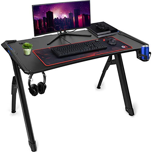 Deco Gear Carbon Fiber Desk, Durable Construction, Ergonomic, 6-Color RGB Lighting Accents, Cable Management, Cup Holder, Includes Full Size Extended Gaming Mousepad