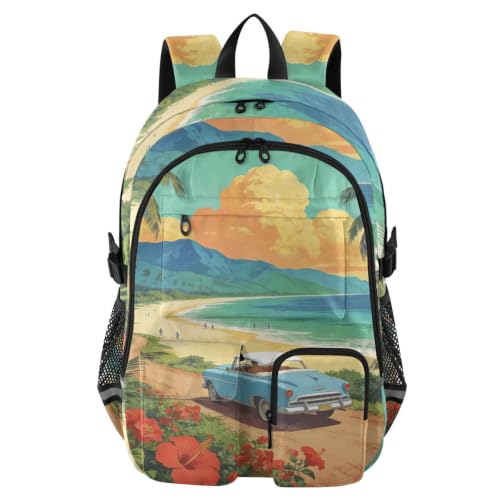 Mochilas de viaje retro para laptop de adolescentes con estampado de coche en la costa