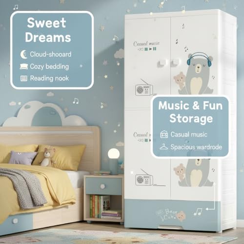 Image of Mevigo 4-Door Plastic Wardrobe for Kids| Almirah and Wardrobe for Baby Clothes| Modular Storage Cabinet with Wheel Organizer for Cupboard Rack for Clothes /Shoes /Books /Toy -Music Bear-SJ6530