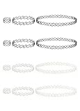 Forevat 4 Sets Schwarz und Weiß Halsketten-Set, 12 Stück Halskette & Armband & Ring Choker Sets, Elastische Gothic Tattoo Halsband Accessoires, 90er Jahre Stil Gothic Punk Schmuck Set
