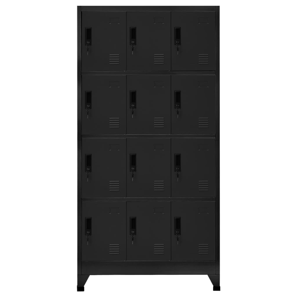 Armadio nero 90 x 45 x 180 cm, armadietto in acciaio con 12 scomparti chiudibili, per ufficio, scuola e archivio, robusto armadio in acciaio con chiavi incluse