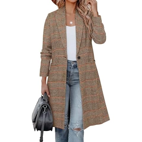 CHICZONE Womens Notch Lapel Wool Blend Pea Coat Single Breasted Long Plaid Jacket Winter Houndstooth Coat Khaki 2XL Cover