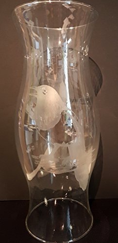 Oberstdorfer Glashütte Vindljus stor glascylinder utan botten med graverad fågel klart glas munblåst öppning botten och upptill ca 13,5 cm höjd ca 35 cm diameter bredaste stället 14 cm