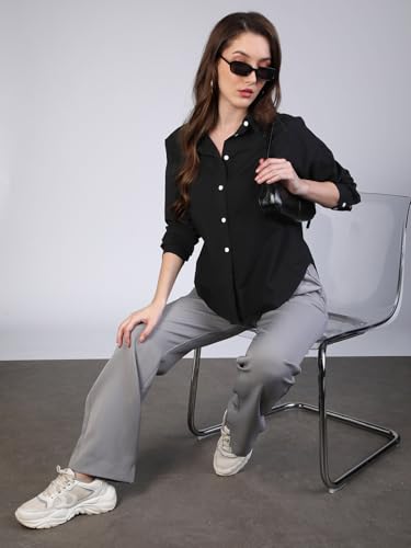 Image of Urbano Fashion Women's Cotton Full Sleeve Oversized Fit Casual Solid Slub Shirt with Spread Collar