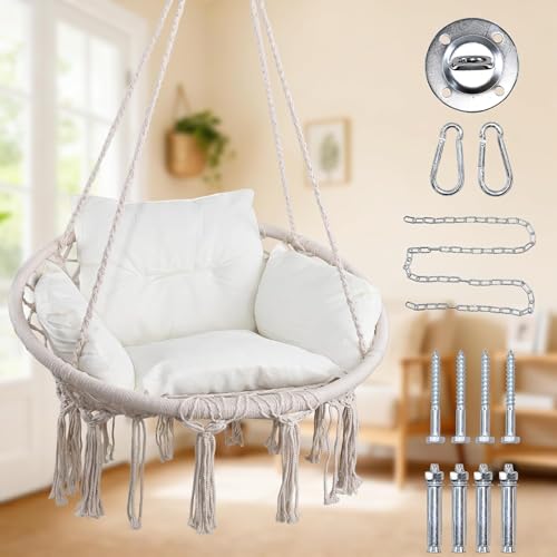 Hammock Chair - Portable Hanging Swing Large Hanging Rope Swing with 150kg Weight Capacity, Ideal for Indoor Outdoor Patio Backyard, Features Soft Cotton and Hand-Made Tassels, Cream
