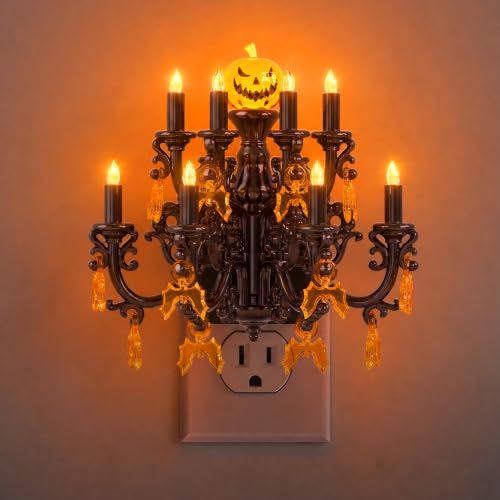 Image of Briignite Halloween Chandelier Night Lights Plug into Wall, Amber Flickering Flame LED Nightlight with Auto Light Sensor, 3-Level Dimmable, 180 Rotatable Plug, Halloween Decor for Bedroom Hallway