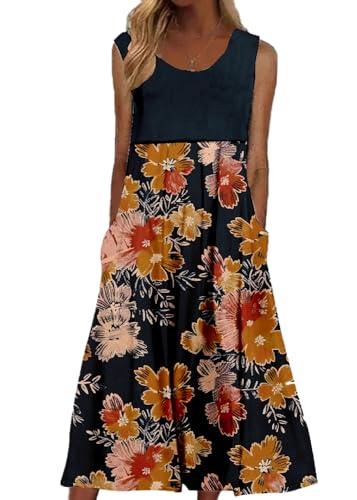 Casual Tank Dresses for Women Linen Colorful Summer Flowers Pattern Plus Size Sleeveless Crewneck Giong Out A-Line Cute Flowy Halter Plus Size Tank Dress Beach Fit Pleated Loose Sundresses for W