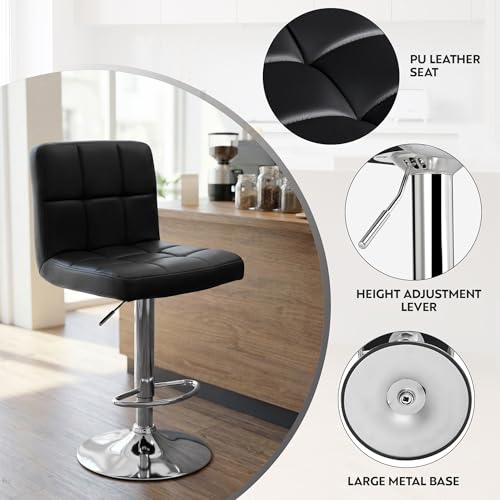 Image of Decor & More - Modern Height Adjustable Bar Chairs for Home | 360 Degree Swivel Seat Top | Bar Chair for Home Kitchen with Footrest | Set of 2 (Metal) - Black