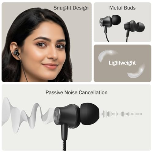 Image of pTron Boom Play X5 in-Ear Wired Earphones w /Type-C & 3.5mm Aux Connectors, 10mm Drivers for Pristine Sound, HD Mic for Clear Calls, in-line Controls,1.2m Tangle-Free Cable & Wide Compatibility (Onyx)