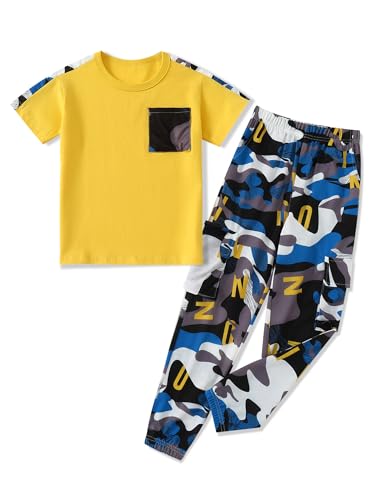 Image of mksodopy Boys Clothes Outfits Set, Camo Cargo Pants and Short Sleeve Pocket Tee 2PC Summer Tracksuit for Kids 5-16Y