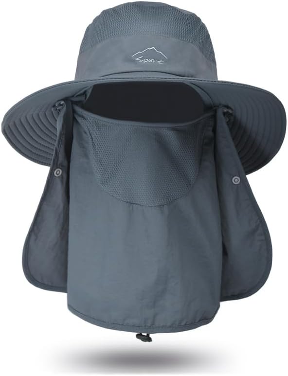 JoyzzzSun Protection Fishing Cap, 3-in-1 Fishing Hat, Wide Brim Fishing Hats with Face Cover and Neck Flap, Waterproof Hiking Hat, UV Protection Sun Hat for Fishing, Hiking, Camping (Dark Gray)