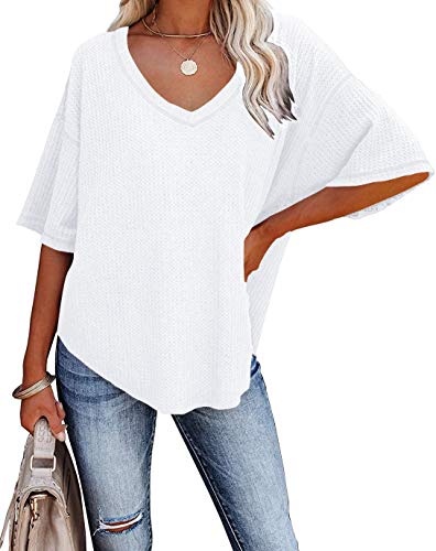 REVETRO Womens Casual V Neck T-Shirt Batwing Half Sleeve Off The Shoulder Tops Waffle Knit Tunic Blouses White Large