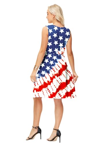 Image of Deerose 4th of July Dress for Women Sleeveless American Flag Patriotic Elastic High Waist Sundress