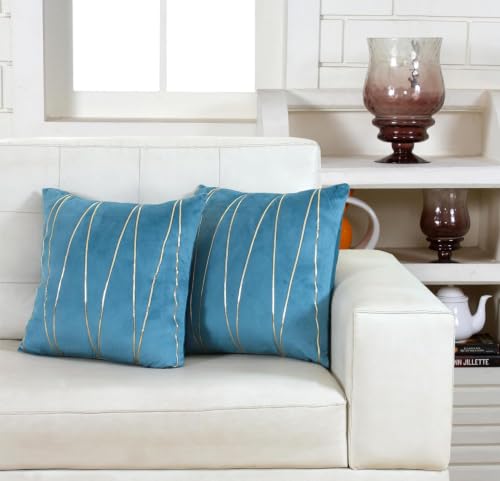 Image of Amazon Brand - Umi Gold Leather Striped Pack of 2 Throw Pillow Covers Velvet Decorative Cushion Covers Cases for Sofa Bedroom Livingroom Car 24 x 24 in Teal Color