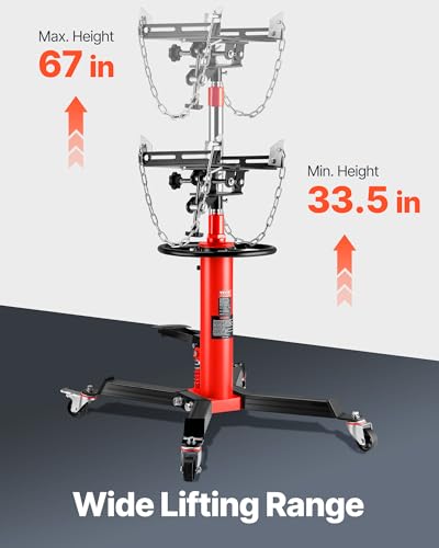 Image of VEVOR 1 /2Ton /1100lbs Capacity Hydraulic Transmission Jack, Car & Truck Compatible, 33.5-67 Inch Lift Range, 2-Stage Jack Stand with Foot Pedal, 360 Swivel Wheel, Red