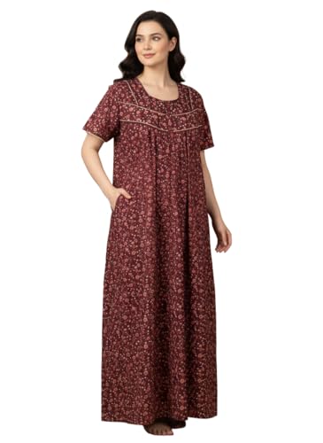 Image of Bahumaan Cotton Nighty for Women Full Length Stylish | Floral Print Cotton Maxi Dress for Women with Pocket | Sleepwear Gown for Women