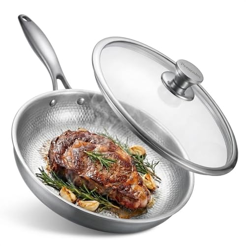 Pexucalm Titanium Frying Pan with Lid, 12' Uncoated Hammered Skillet for Cooking, PFAS/PFOA/PTFE...