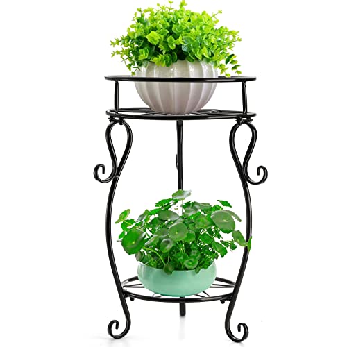AVLA 48,3 cm hoher Pflanzenständer, 2 Etagen Metall rostfreies Eisen Topfhalter, Indoor Outdoor Stützgestell für Pflanzgefäß, dekoratives strapazierfähiges Blumentopfregal für Garten, Haus, Schwarz Cover