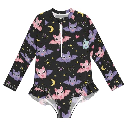 Cute Bats on Black Background Girls Rash Guard Swimsuits Long Sleeve One Pieces Bathing Suit UPF 50+ Zipper Swimwear