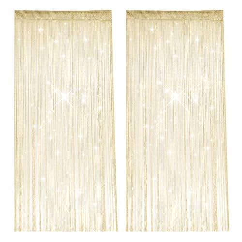 2 Stück Fadengardine, 100 X 200 cm Blinkende Fadenvorhang Balkontür, Beige Gelb Streifenvorhang, Raumteiler, Fadenvorhang Insektenschutz für Hochzeiten, Cafés, Restaurants, Türen und Fenster