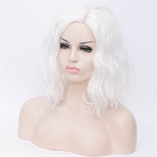 Cying Lin Short Bob Wavy Curly Wig White Wig For Women Cosplay Halloween Wigs Heat Resistant Bob Party Wig Include Wig Cap (White)