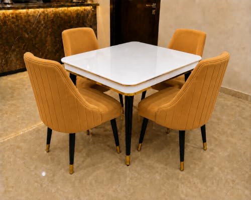 Image of WOODEN SPACE 4 Seater Wooden Dining Table Set | Urban Marble Top Dining Table with Chairs for Dining Room & Kitchen (Modern Infinity Backline Mustard) (42 x 42 x 30 inch)