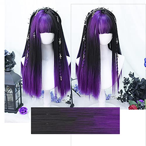 Perruque violette noire droite longue synthétique avec frange au style impeccable pour femmes - 4