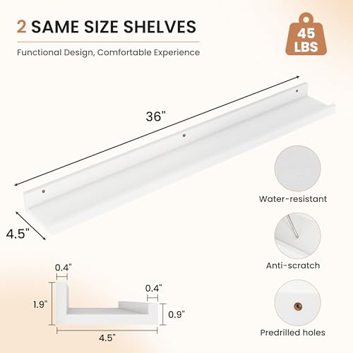 Dreamland Picture Ledge Shelf for Wall, Floating Shelves Set of 2, 36 Inch Long Floating Shelves with Lip for Living Room, Bedroom, Bathroom, Kitchen, White - Thumbnail 2