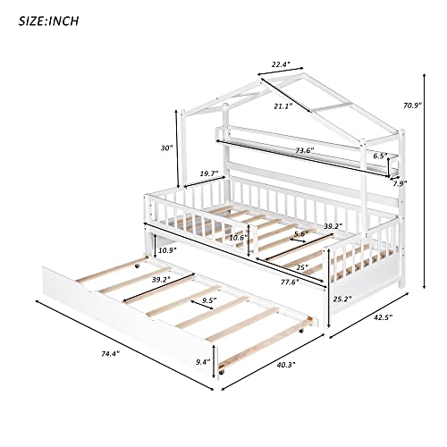 GDFStudio Wooden Twin Size House Bed with Trundle and Storage Shelves, Twin Bed Frame with Roof Playhouse Design for Bedroom, White by GDFStudio - Image 3