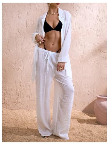 Women's Swimsuit Cover Up Drawstring Waist Wide Leg Loose Pants Beach Vacation Clothes4