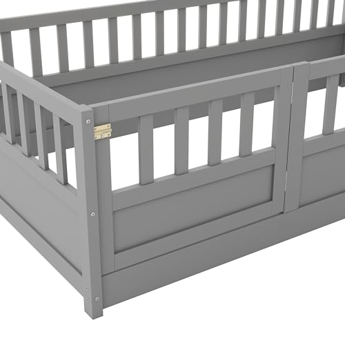 Image of Bellemave Twin Size Kids Montessori Floor Bed,Solid Wood Floor Bed Frame with High Fence and Lockable Door for Kids,Girls,Boys,Twin,Grey