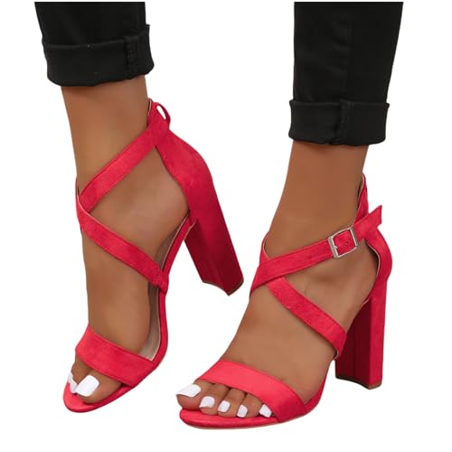 Women Chunky Heeled Sandals Cross Ankle Strap Open Toe Dress Block Heel Pumps Summer Casual Office Prom Wedding Party Shoes