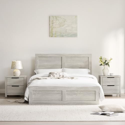 KISLOT 3 Pieces Bedroom Set, Queen Size Wood Platform Bed Frame and 2 Nightstands, Storage...